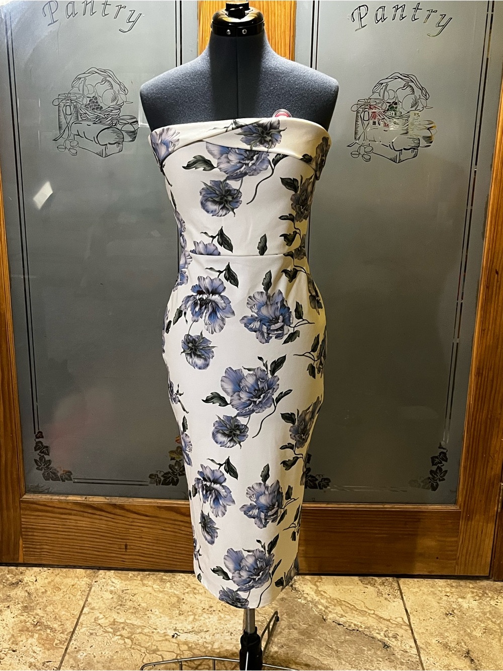 Missguided Strapless White Midi Dress with Blue Floral Print